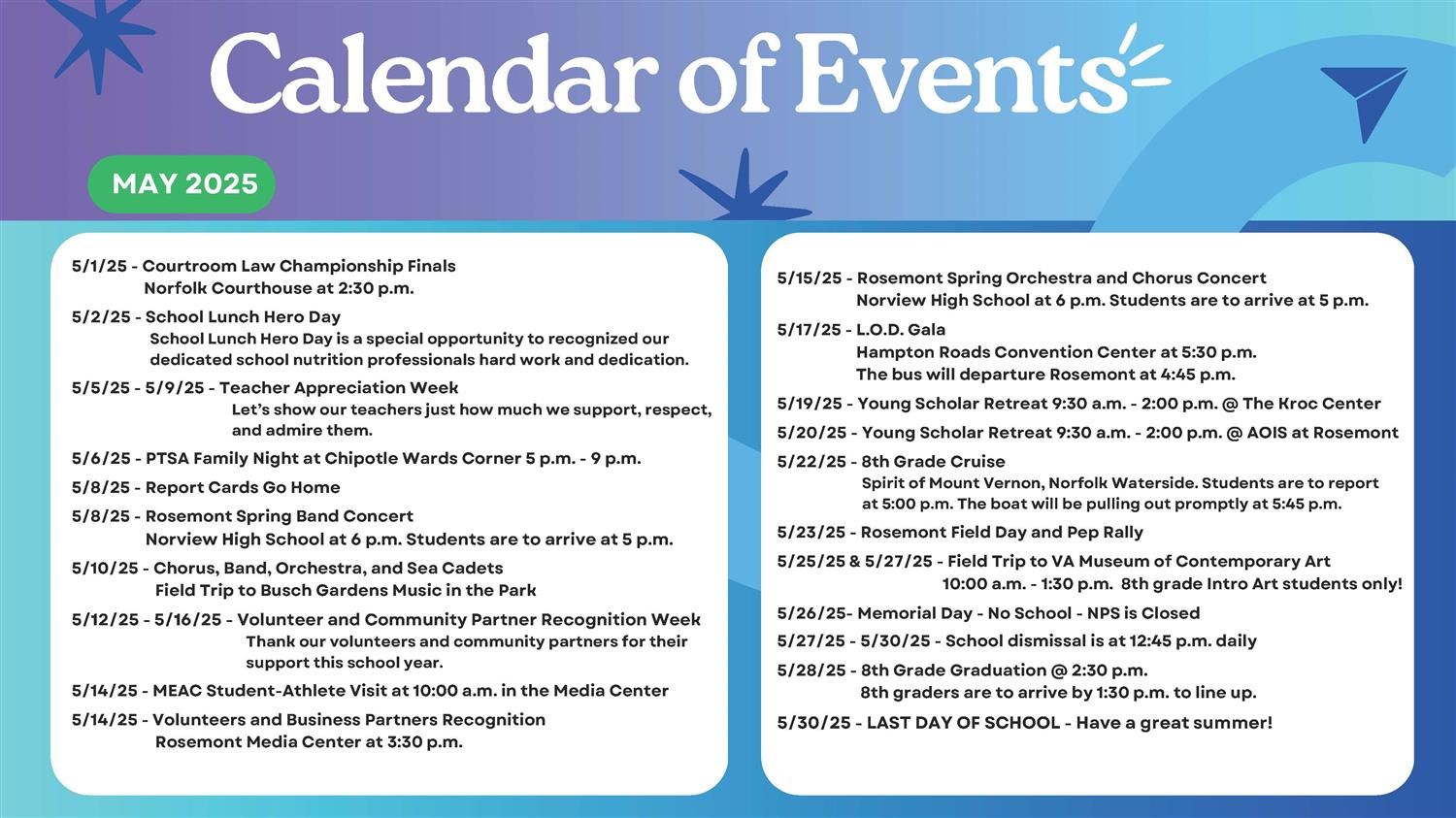  May Calendar of Events